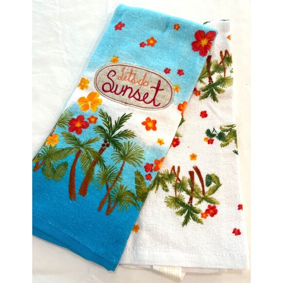 Terry Hand Tea Towels Set Kitchen Summer Tropical Sunset Palm Tree Blue White - Picture 6 of 7